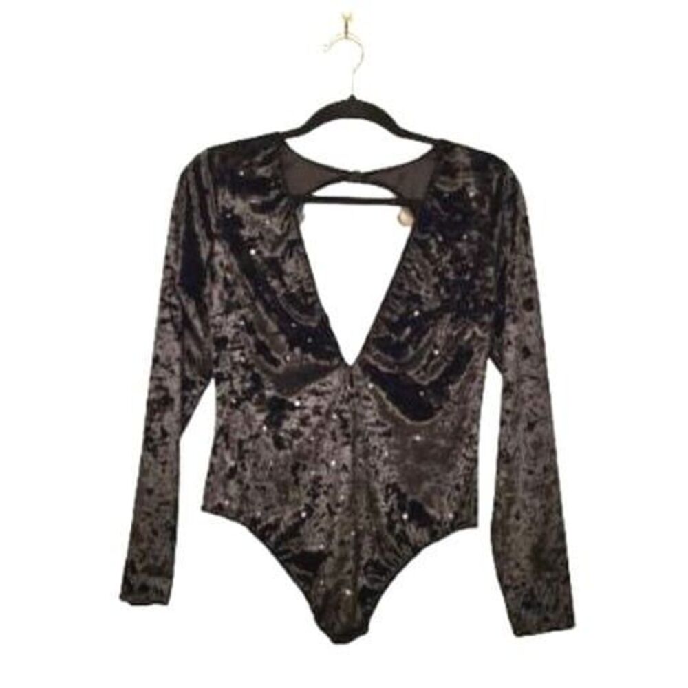 Victoria's Secret Womens Bodysuit Black L Plunge Crushed Velvet Rhinestones